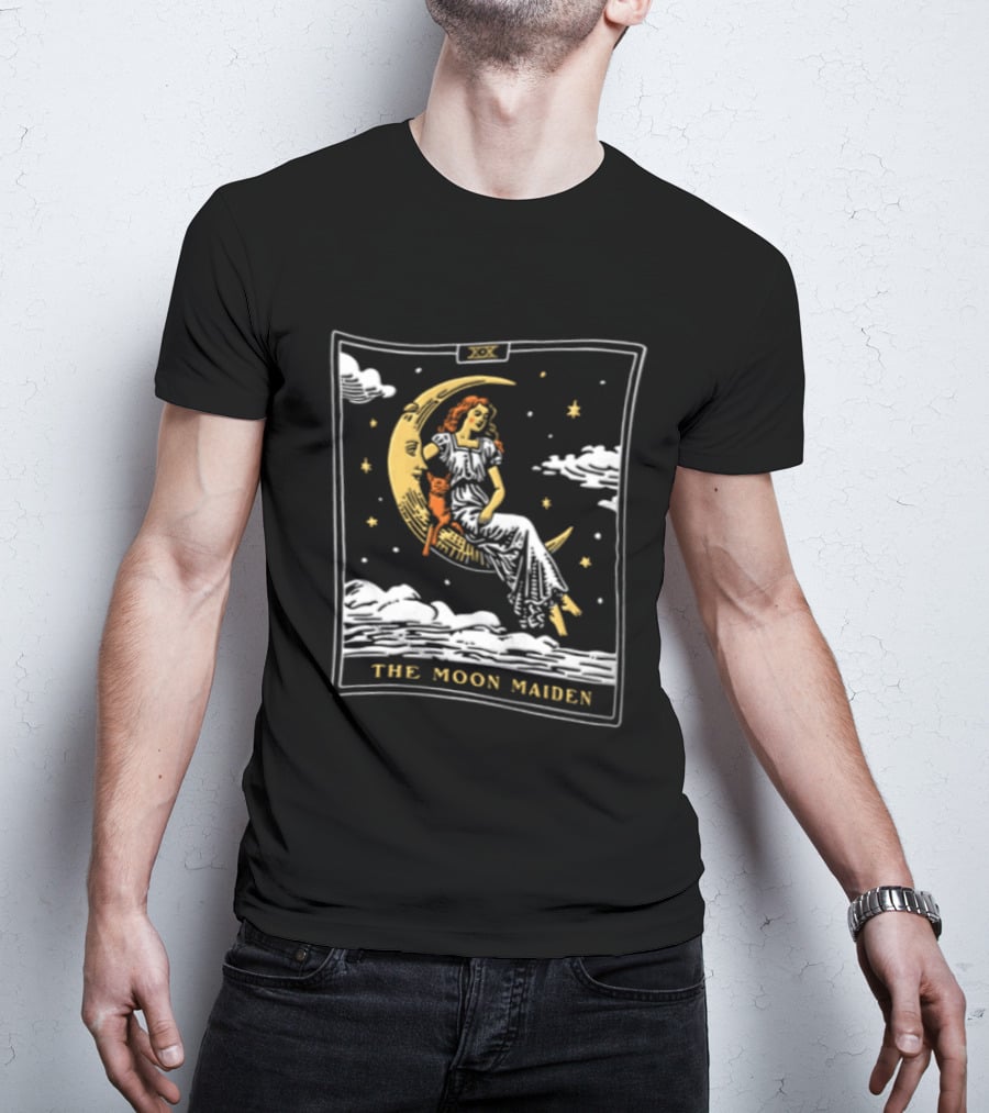 The Moon Maiden Tarot Card Crescent Cat And Stars T-Shirt
