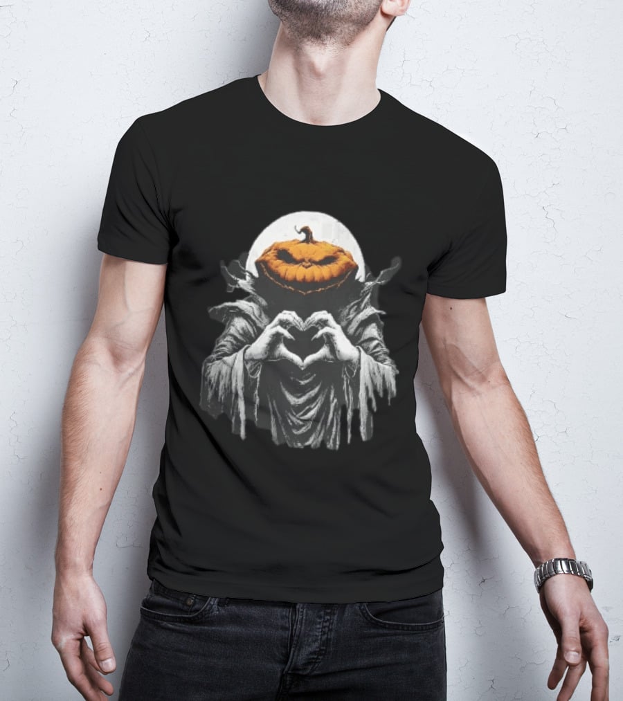 Scary Jack O Lantern Hooded Cloak Heart Hands Full Moon T-Shirt