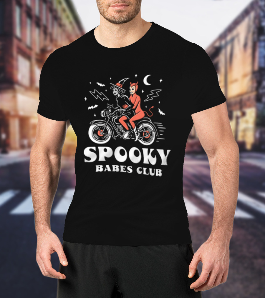 Spooky Babes Club Halloween Witch And Devil Motorcycle Riding T-Shirt