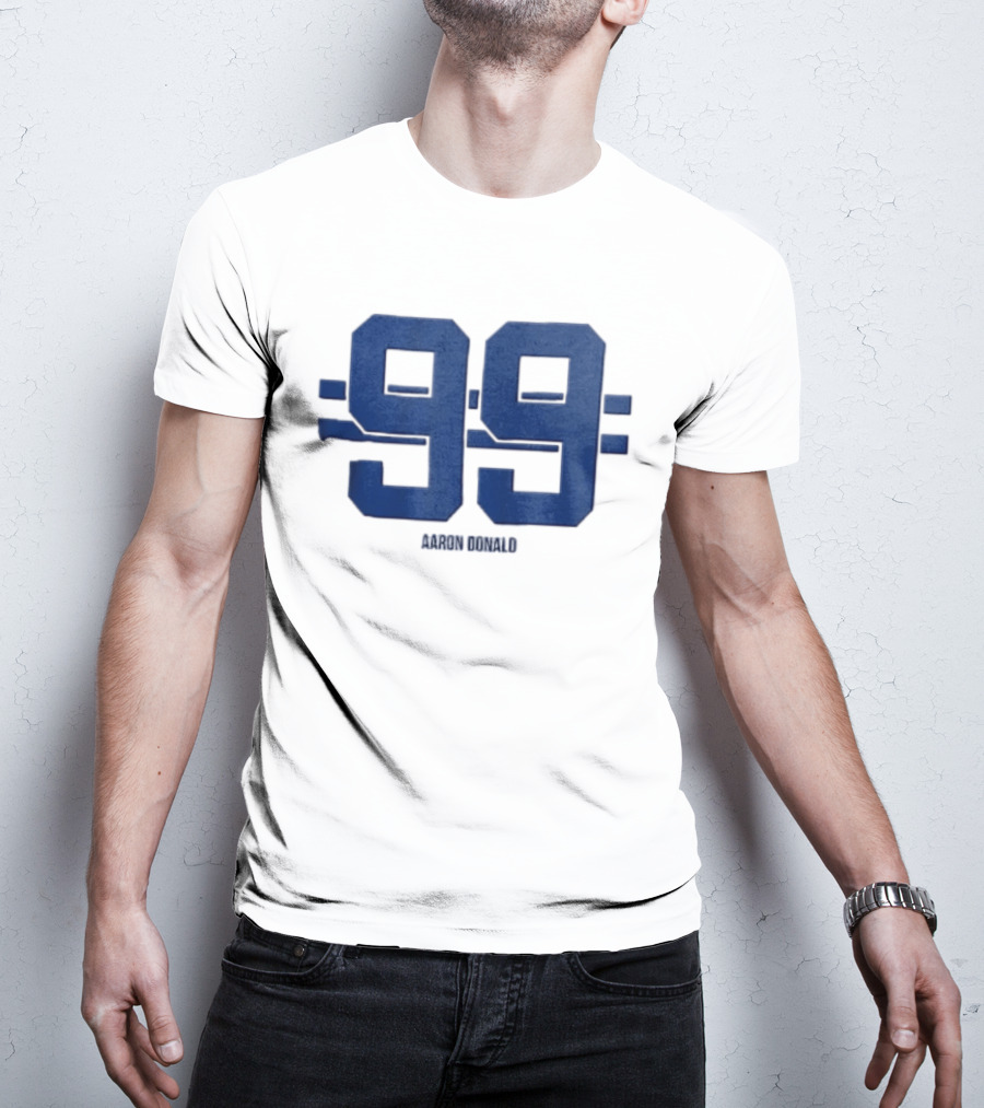 Aaron Donald 99 Blue Jersey Number Block Lettering Horizontal Stripes T-Shirt