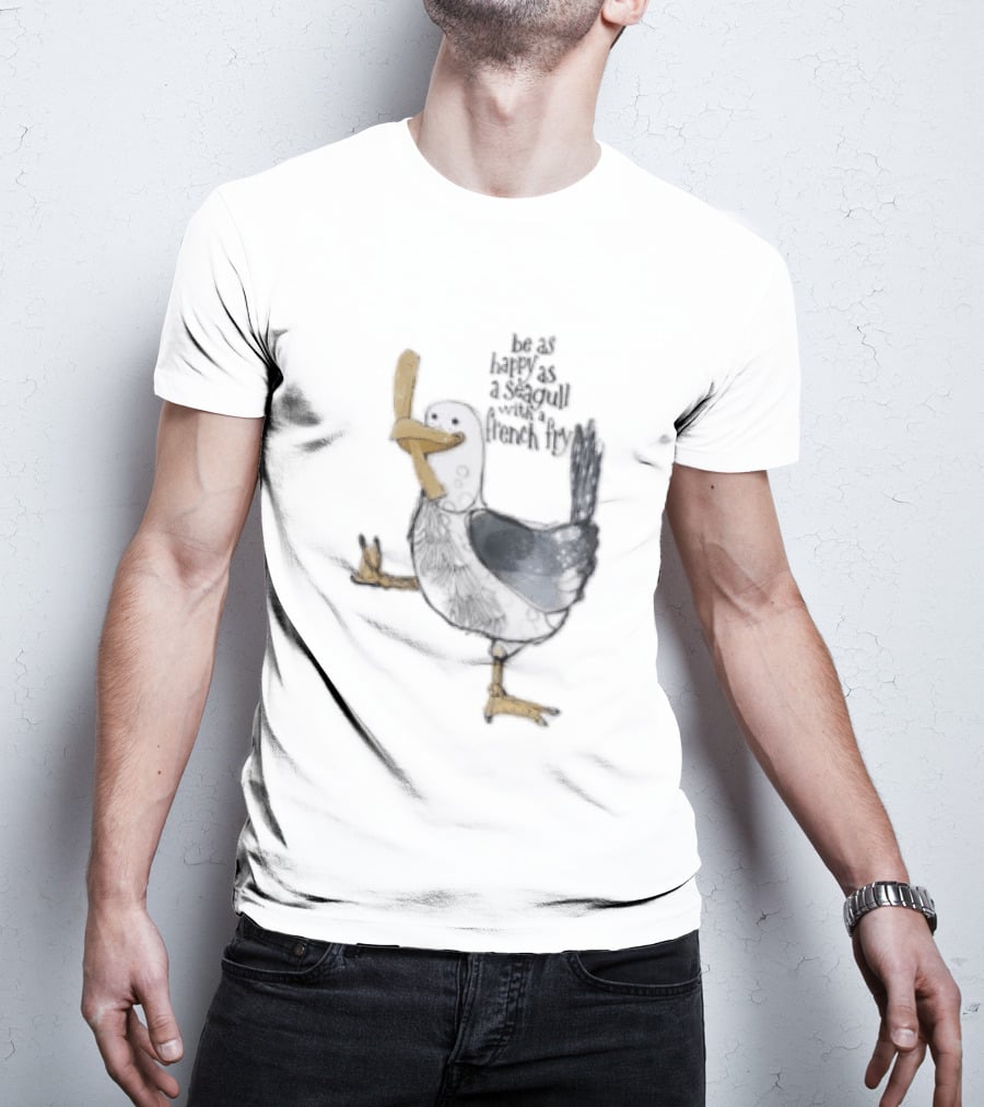 Be As Happy As A Seagull With French Fry Cartoon Bird Holding Yellow Food T-Shirt