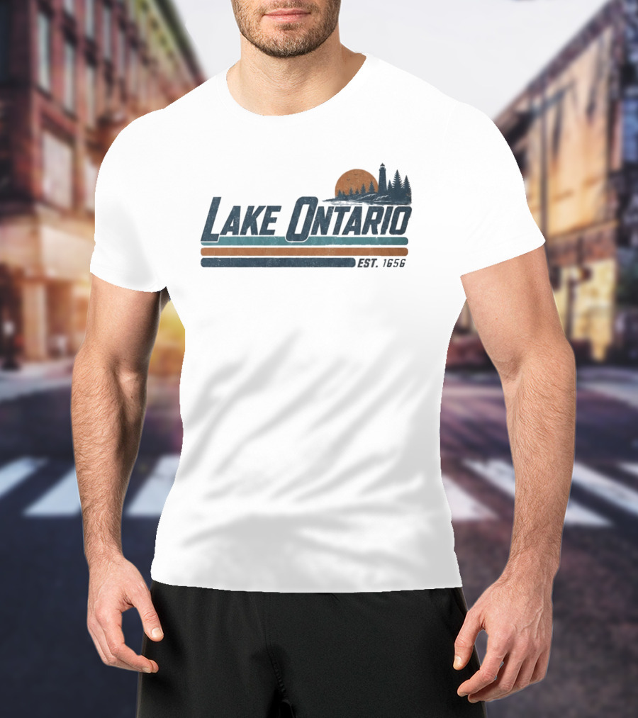Lake Ontario Established 1956 Vintage Stripe Sunset With Lighthouse And Trees T-Shirt