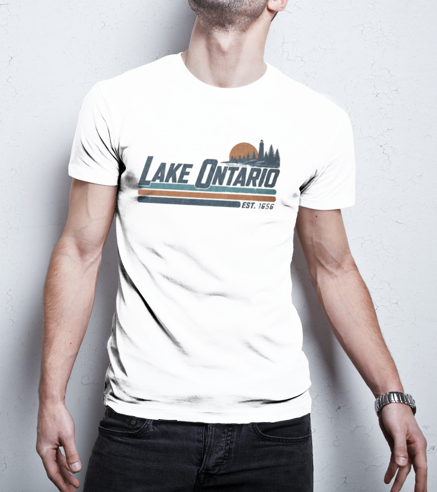 Lake Ontario Established 1956 Vintage Stripe Sunset With Lighthouse And Trees T-Shirt