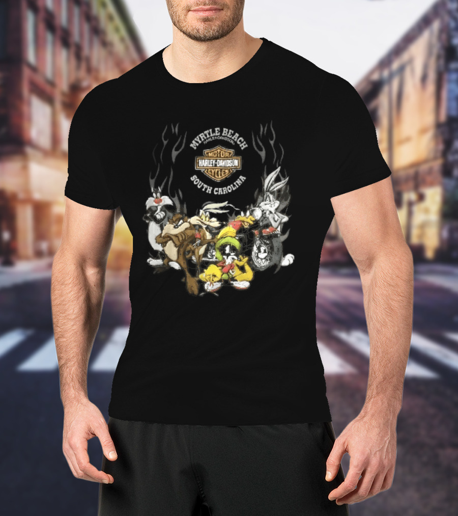 Myrtle Beach Harley Davidson Motor Cycles South Carolina Looney Tunes Bugs Bunny Daffy Duck Taz Sylvester Wile E Coyote T-Shirt