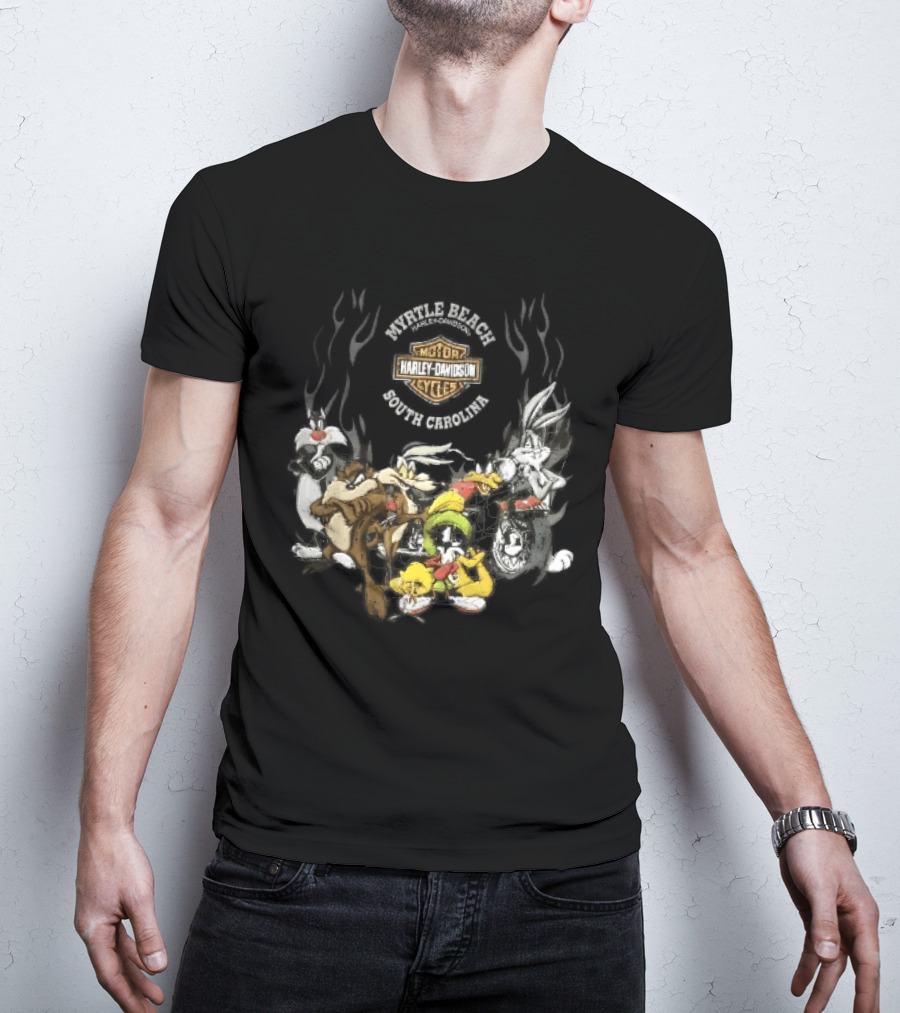 Myrtle Beach Harley Davidson Motor Cycles South Carolina Looney Tunes Bugs Bunny Daffy Duck Taz Sylvester Wile E Coyote T-Shirt