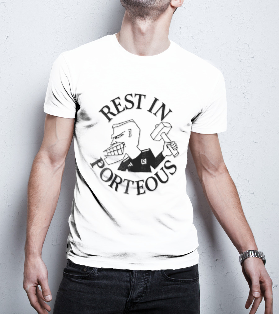 Rest In Porteous Cartoon Caricature Man Holding Hammer T-Shirt