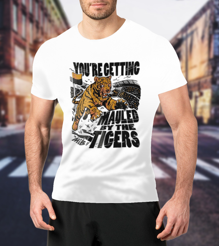 You're Getting Mauled By The Tigers Leaping Aggressive Stadium Crowd Corner Flag Woodcut T-Shirt