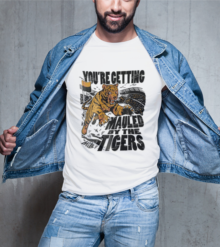 You're Getting Mauled By The Tigers Leaping Aggressive Stadium Crowd Corner Flag Woodcut T-Shirt