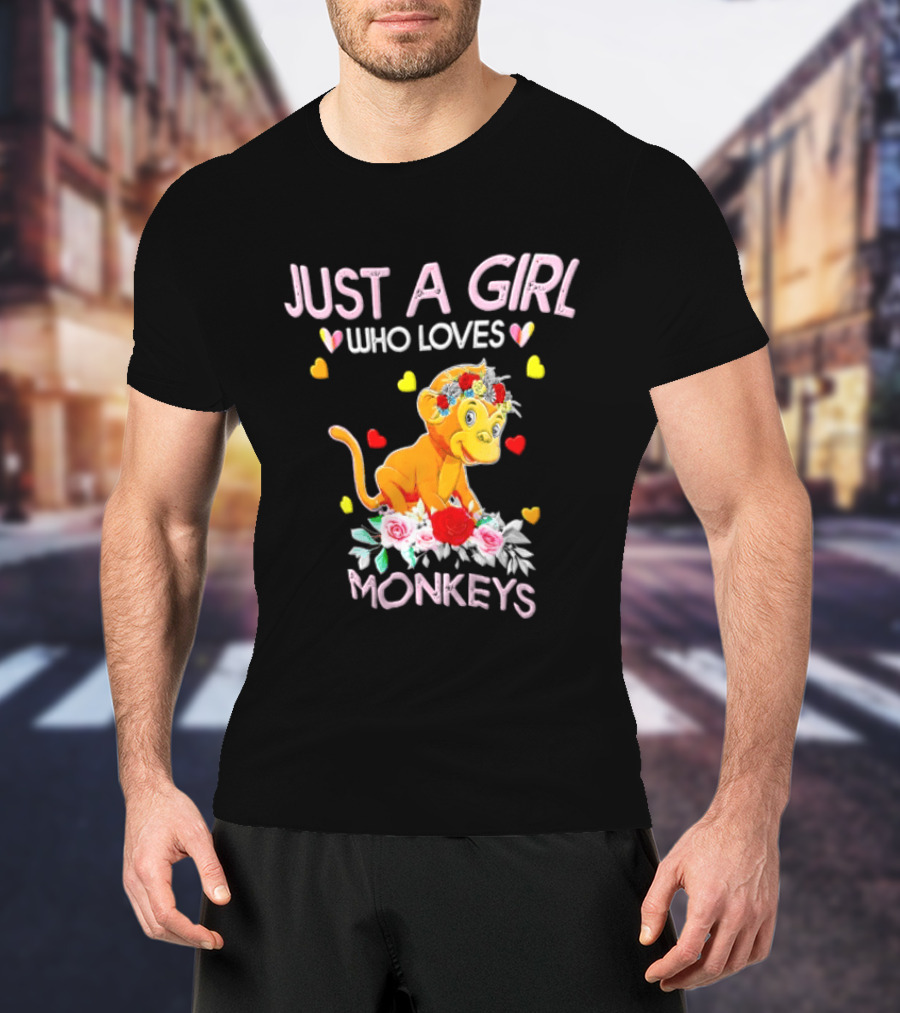 Just A Girl Who Loves Monkeys With Hearts And Flowers T-Shirt