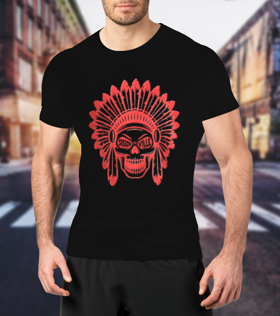 Sissonville Indian Chief Skull Headdress Red Feather Motif T-Shirt
