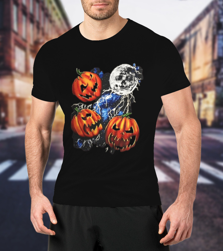 Halloween Pumpkins Skull Moon Lightning T-Shirt
