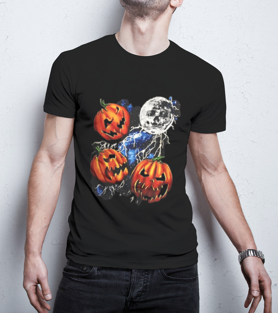 Halloween Pumpkins Skull Moon Lightning T-Shirt
