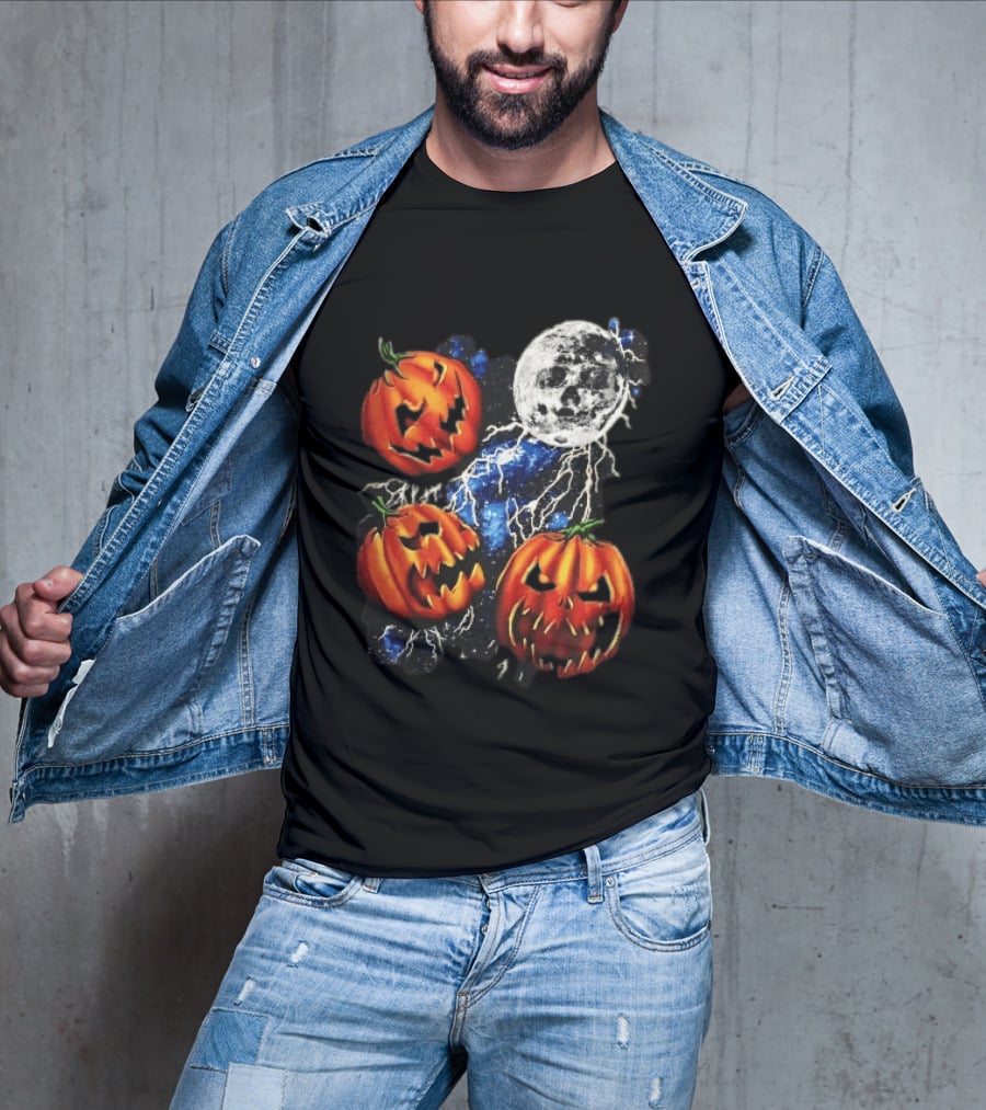 Halloween Pumpkins Skull Moon Lightning T-Shirt