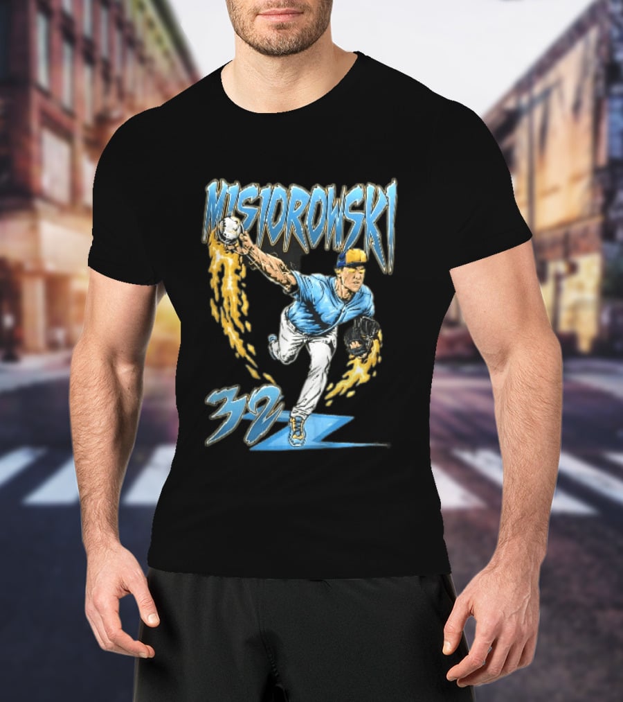 Misiorowski 32 Baseball Pitcher Throwing Flaming Ball In Action T-Shirt