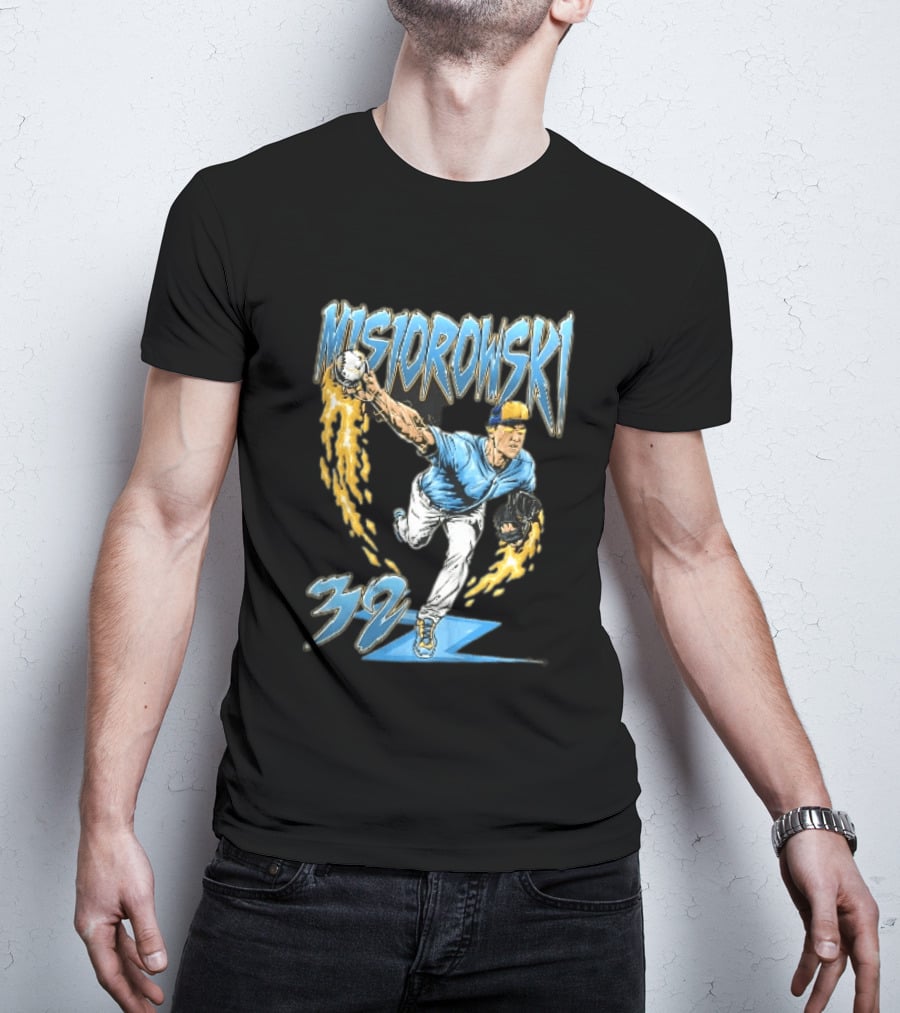 Misiorowski 32 Baseball Pitcher Throwing Flaming Ball In Action T-Shirt