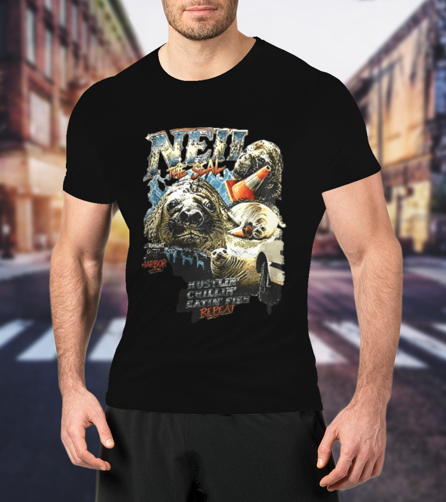 Neil The Seal Hustler Chillin Eating Fish Harbor Animal Warning Cone Repeat T-Shirt