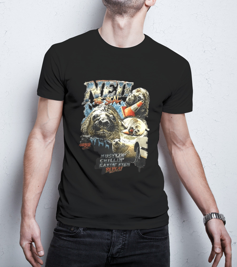 Neil The Seal Hustler Chillin Eating Fish Harbor Animal Warning Cone Repeat T-Shirt