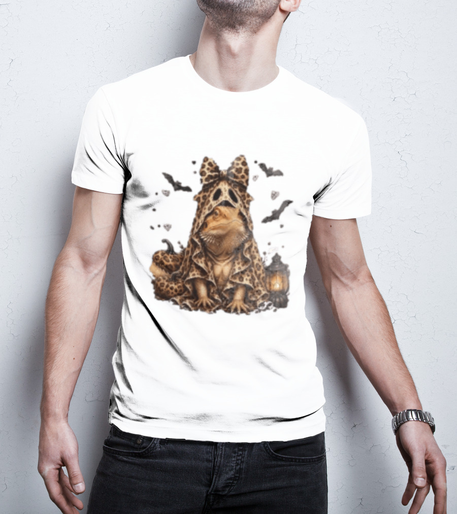 Bewitched Bearded Dragon Cloaked In Leopard Print With Lantern And Bats T-Shirt