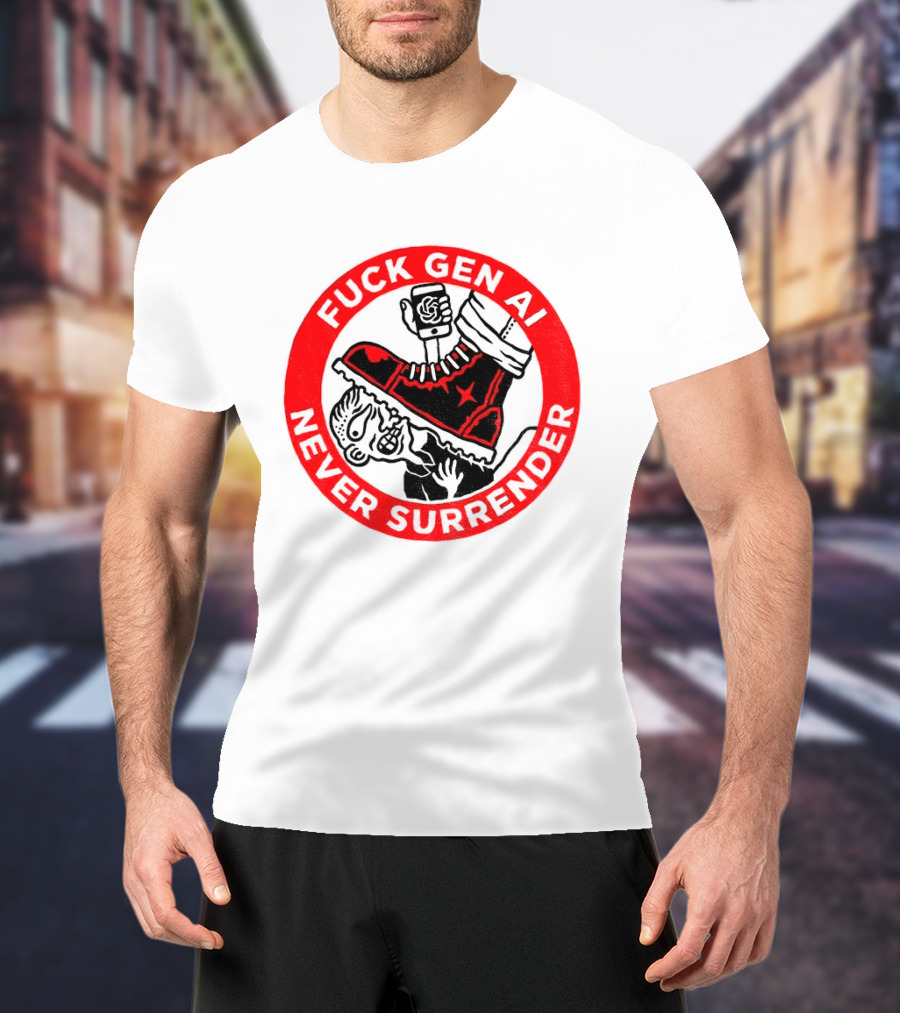 Fuck Gen AI Never Surrender Boot And Fist Circle T-Shirt