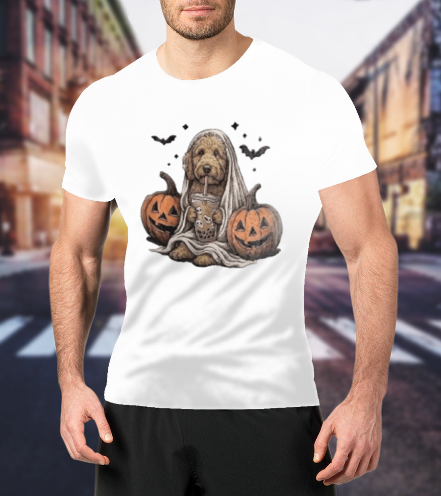 Goldendoodle Ghost With Boba Halloween Jack O'Lanterns And Bats T-Shirt