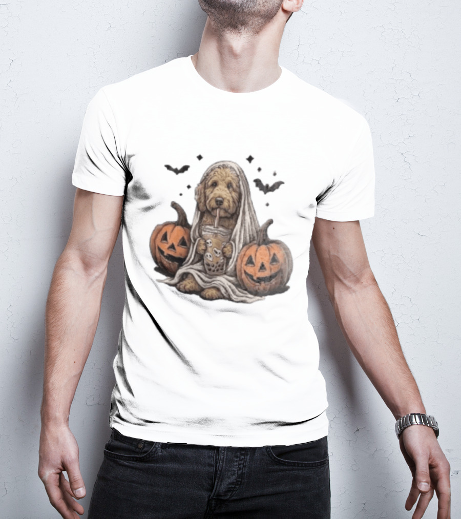 Goldendoodle Ghost With Boba Halloween Jack O'Lanterns And Bats T-Shirt
