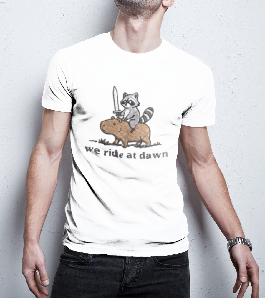 Raccoon Riding Capybara Sword We Ride At Dawn T-Shirt