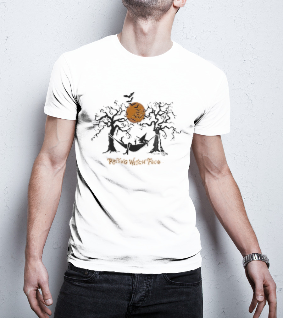Resting Witch Face Halloween Hammock With Bats And Trees T-Shirt