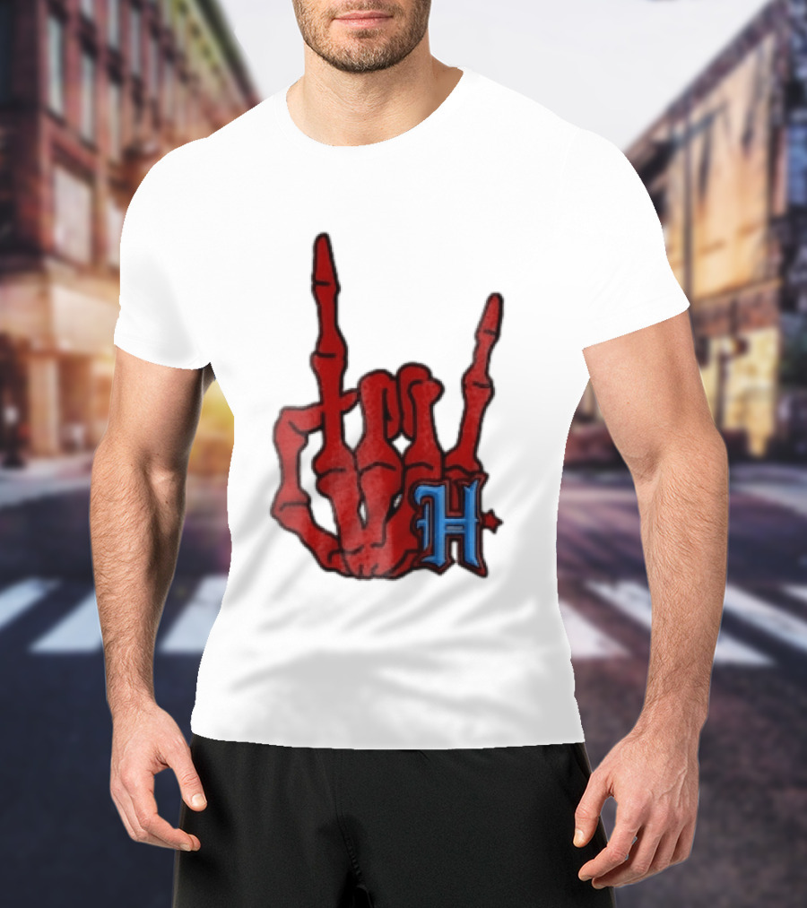 Red Skeleton Hand Sign With Blue H T-Shirt