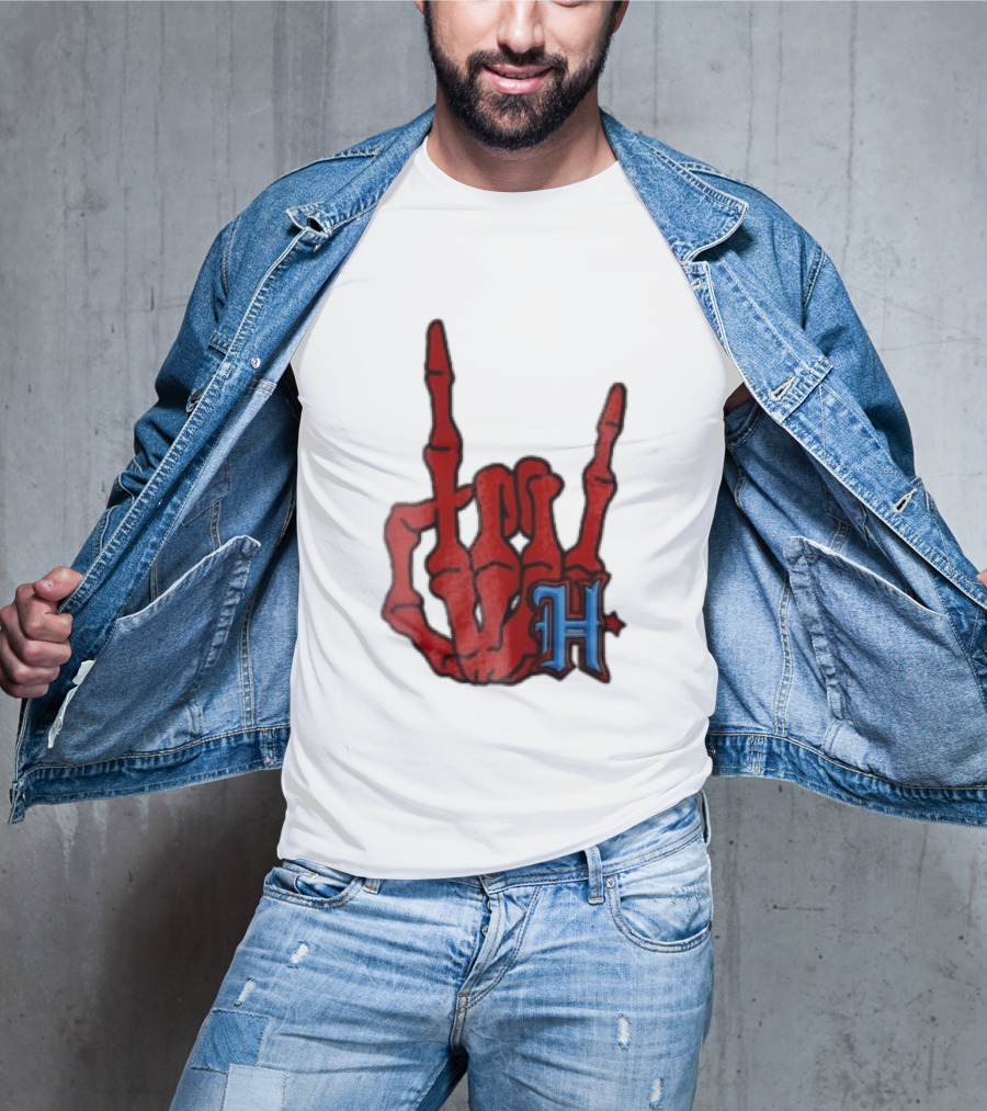 Red Skeleton Hand Sign With Blue H T-Shirt