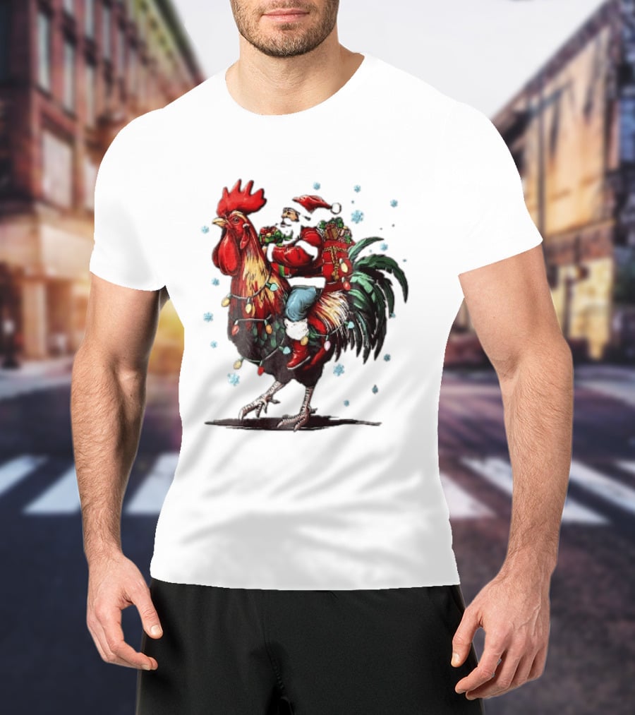 Caricature Santa Riding Rooster With Christmas Presents And Snowflakes T-Shirt