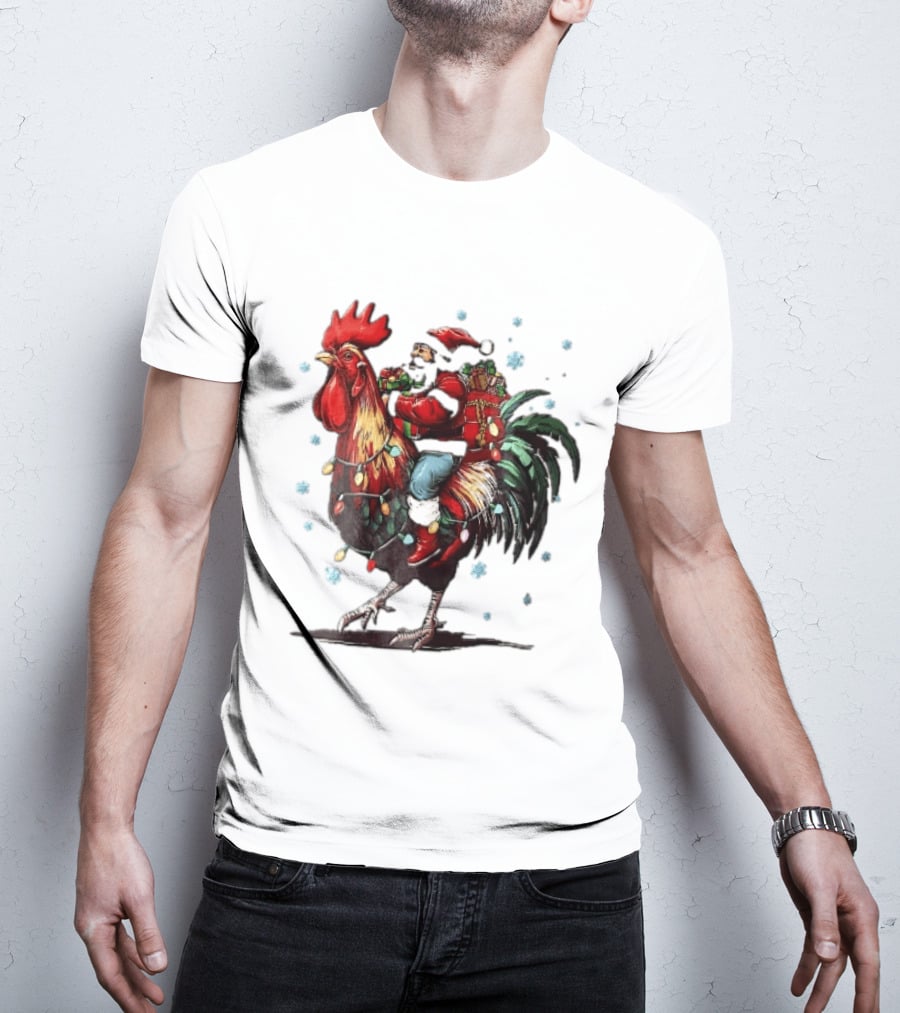 Caricature Santa Riding Rooster With Christmas Presents And Snowflakes T-Shirt