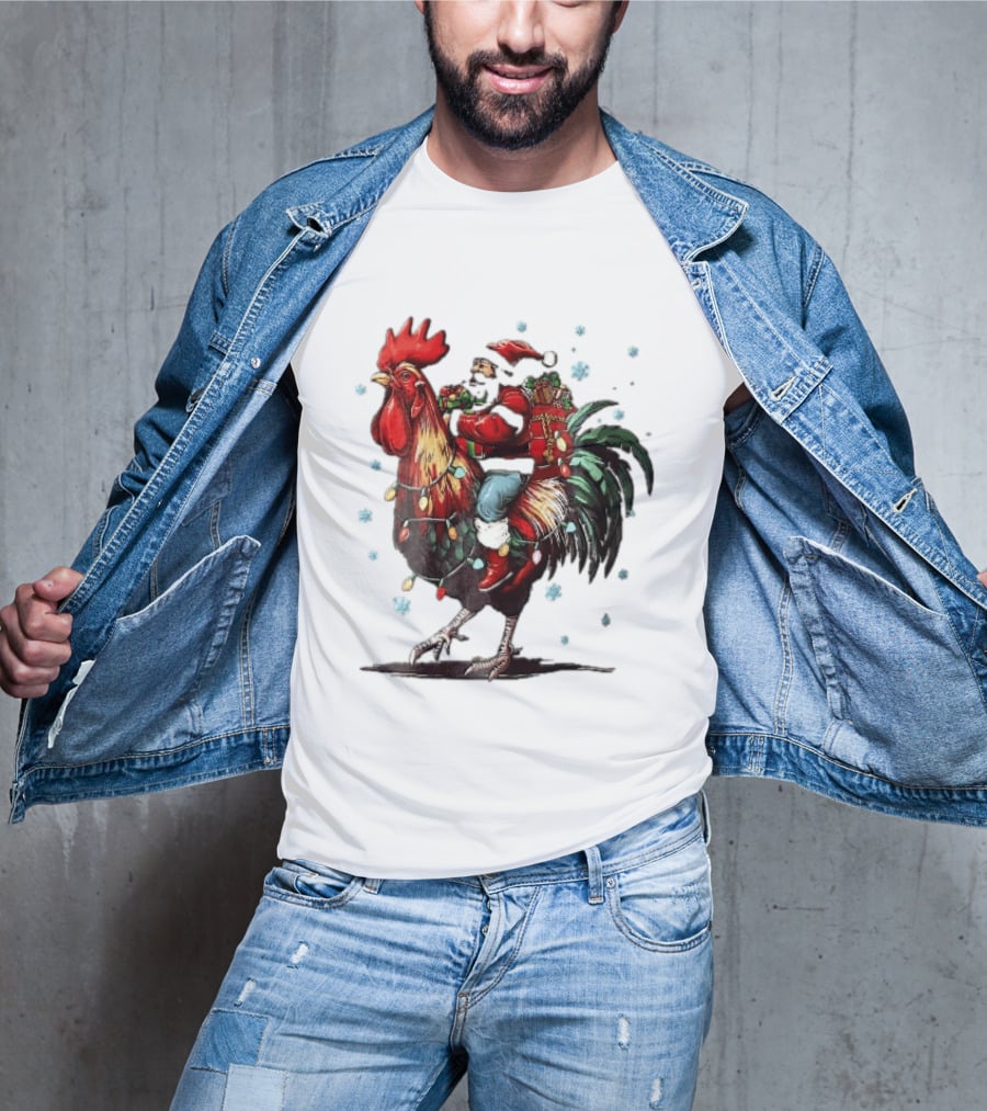 Caricature Santa Riding Rooster With Christmas Presents And Snowflakes T-Shirt