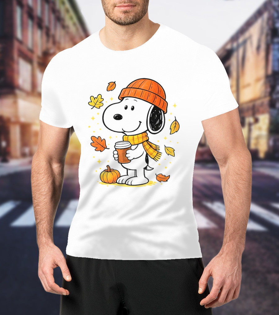 Snoopy Fall Autumn Coffee Pumpkin Leaves Warm Scarf Beanie Hat T-Shirt