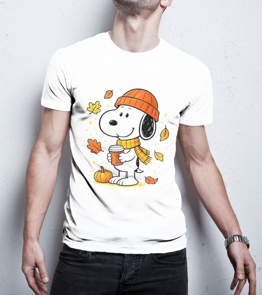 Snoopy Fall Autumn Coffee Pumpkin Leaves Warm Scarf Beanie Hat T-Shirt
