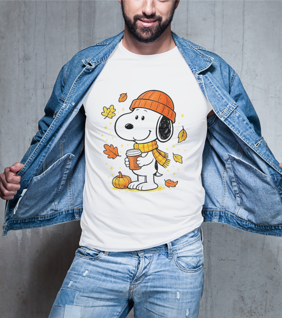 Snoopy Fall Autumn Coffee Pumpkin Leaves Warm Scarf Beanie Hat T-Shirt