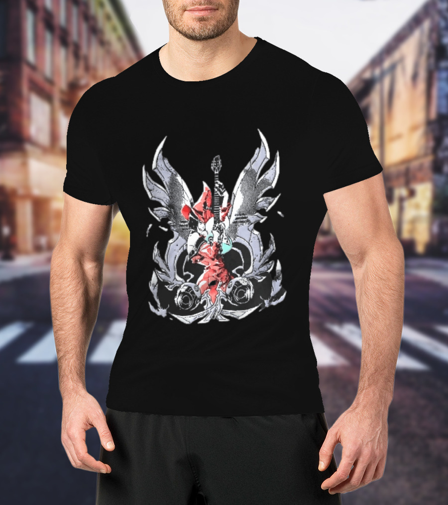 Anime Girl With Wings Holding Guitar Angelic Rock Star Fantasy T-Shirt