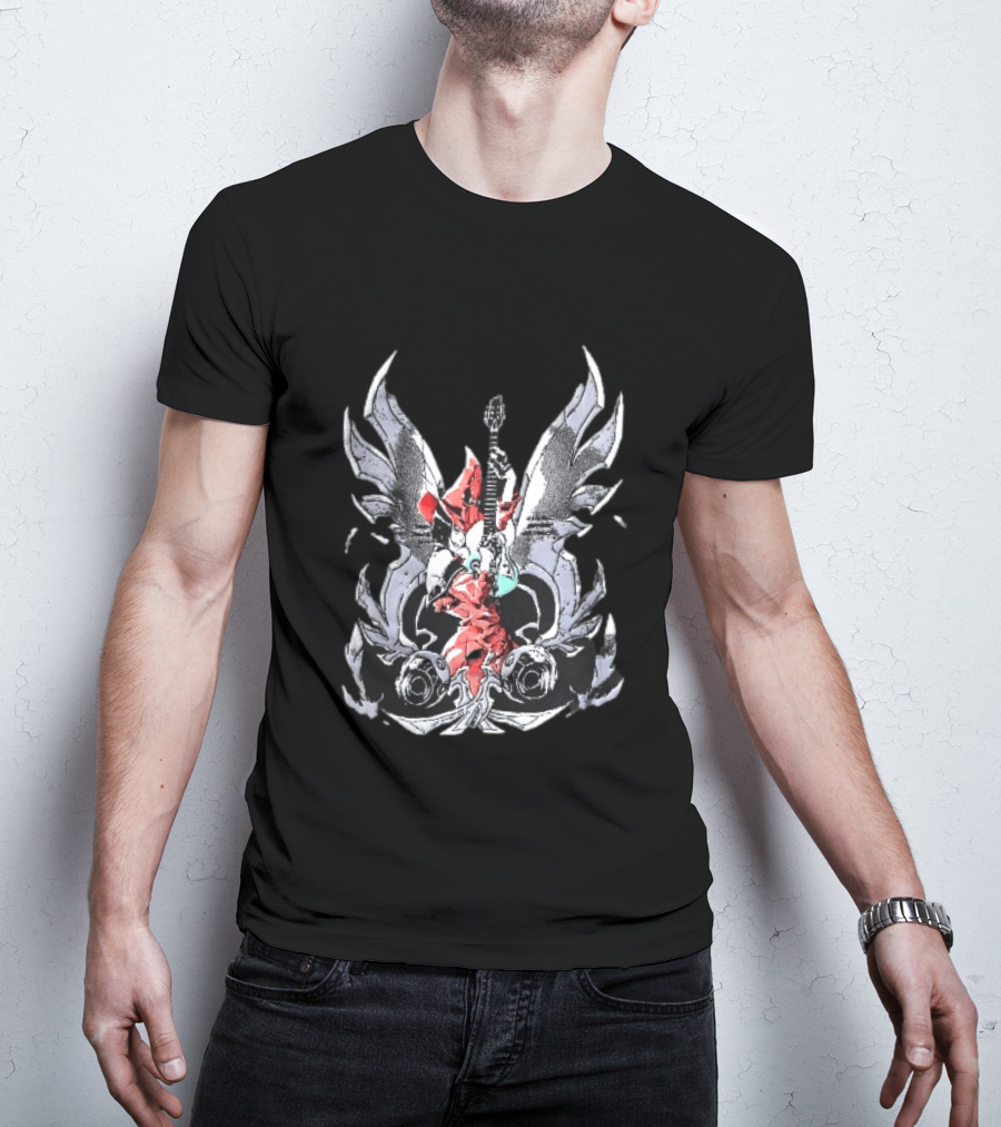 Anime Girl With Wings Holding Guitar Angelic Rock Star Fantasy T-Shirt