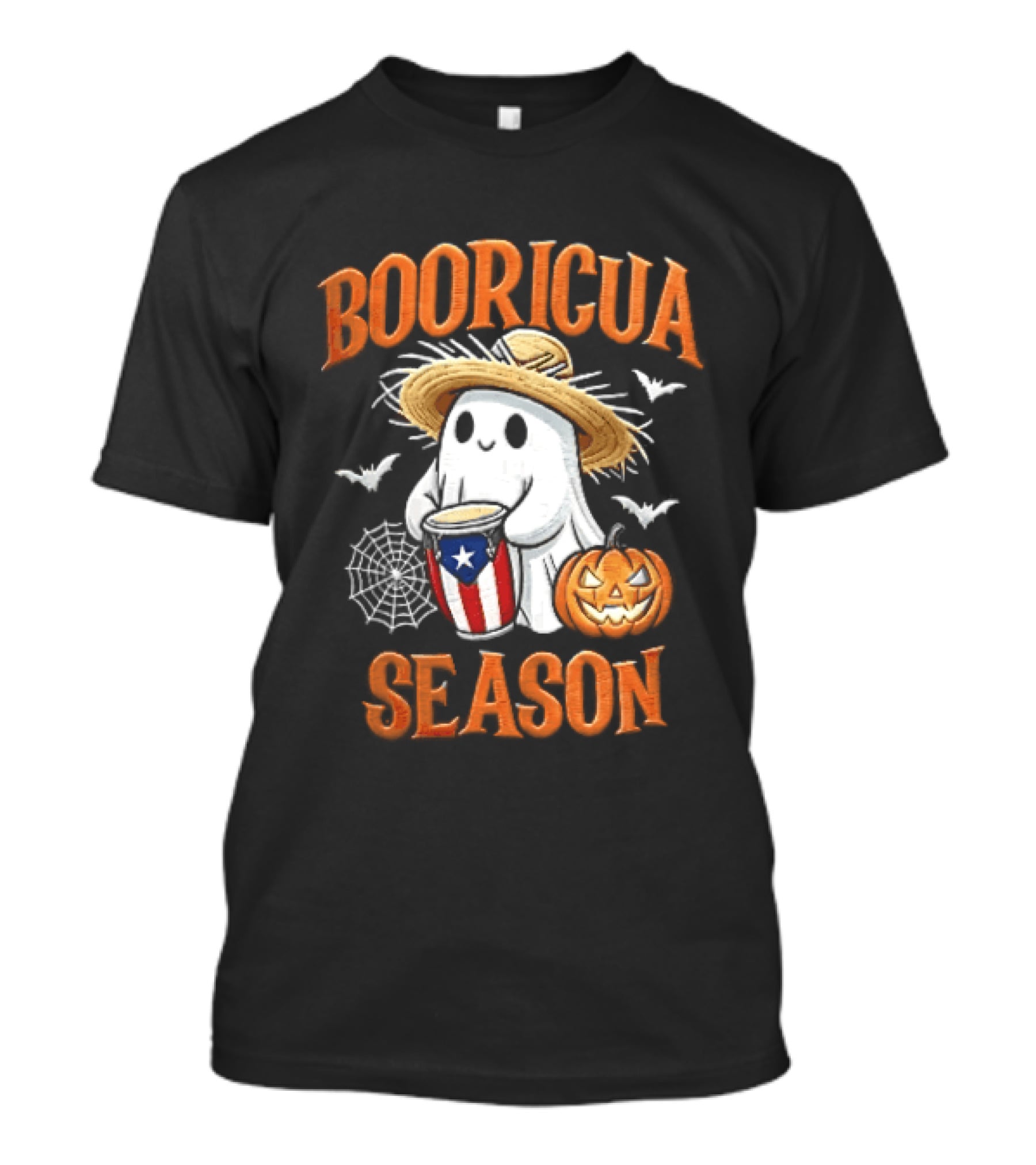 Booricua Season Ghost With Puerto Rico Flag Conga And Pumpkin T-Shirt