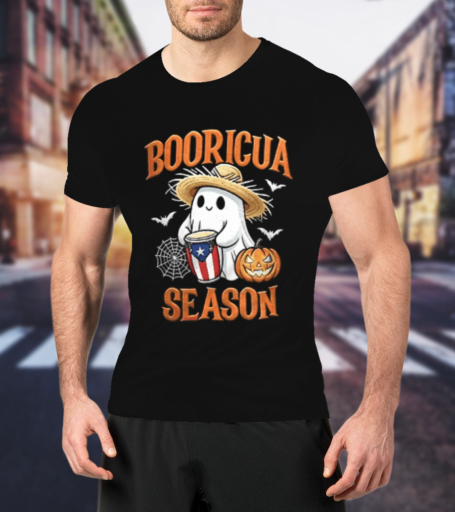 Booricua Season Ghost With Puerto Rico Flag Conga And Pumpkin T-Shirt