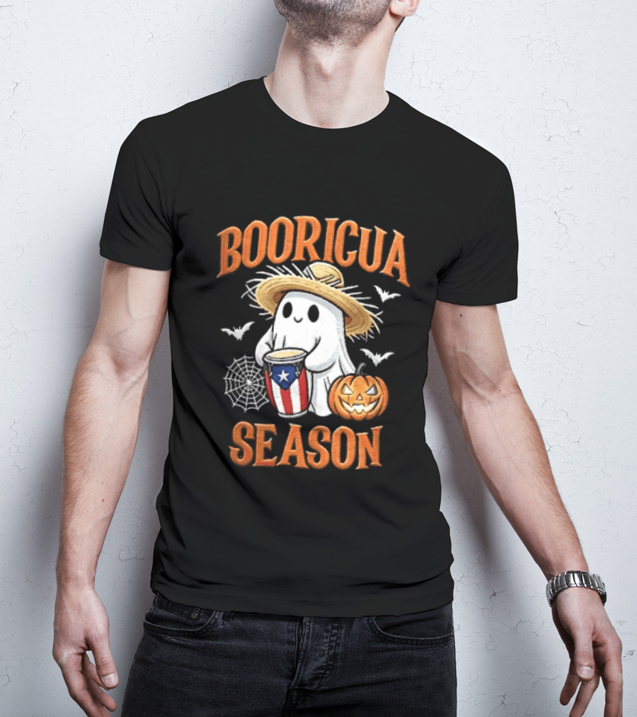 Booricua Season Ghost With Puerto Rico Flag Conga And Pumpkin T-Shirt