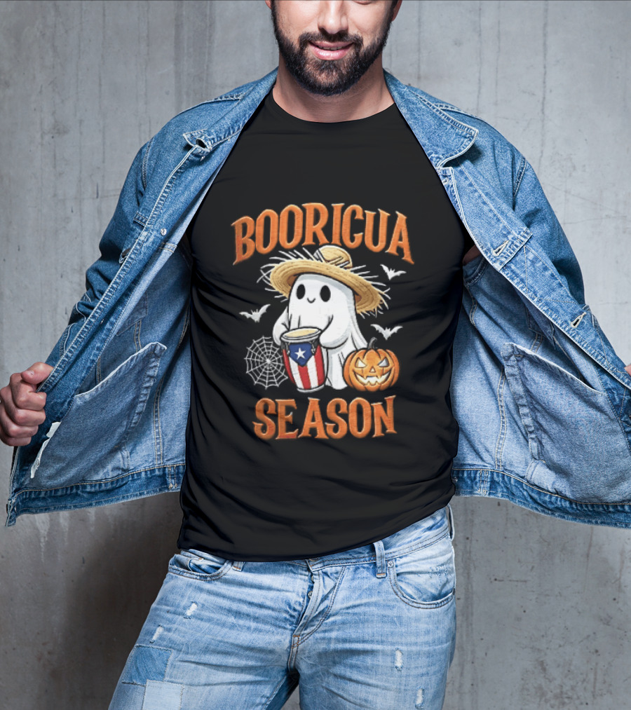 Booricua Season Ghost With Puerto Rico Flag Conga And Pumpkin T-Shirt