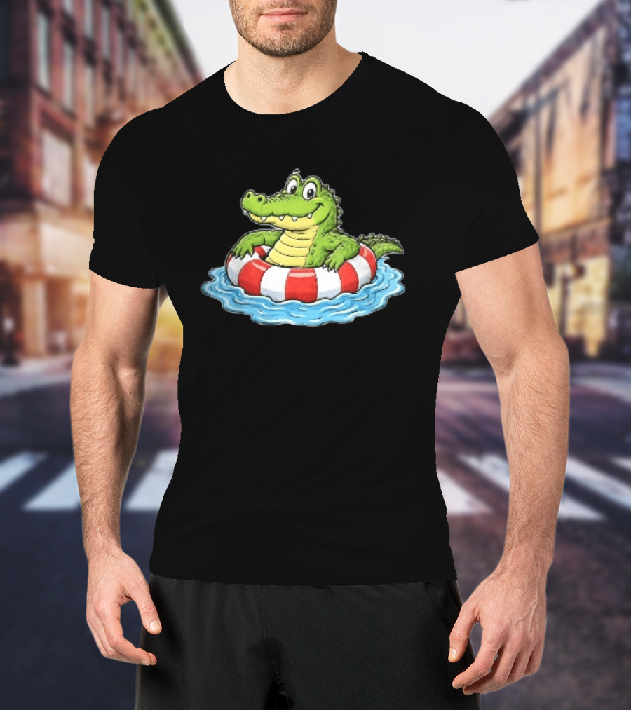 Cartoon Crocodile Relaxing In Red And White Life Buoy On Water T-Shirt