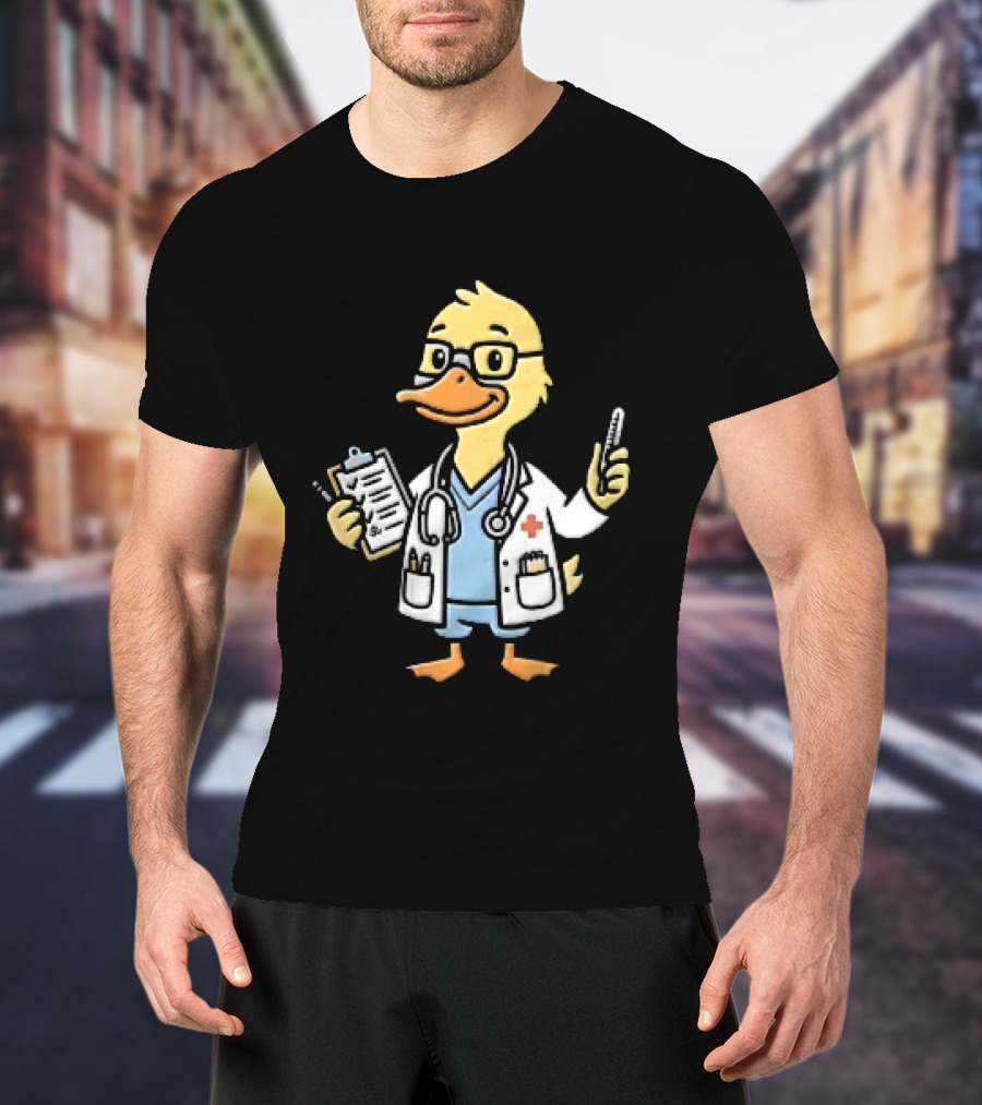 Cartoon Yellow Duck Doctor With Stethoscope Thermometer And Clipboard T-Shirt
