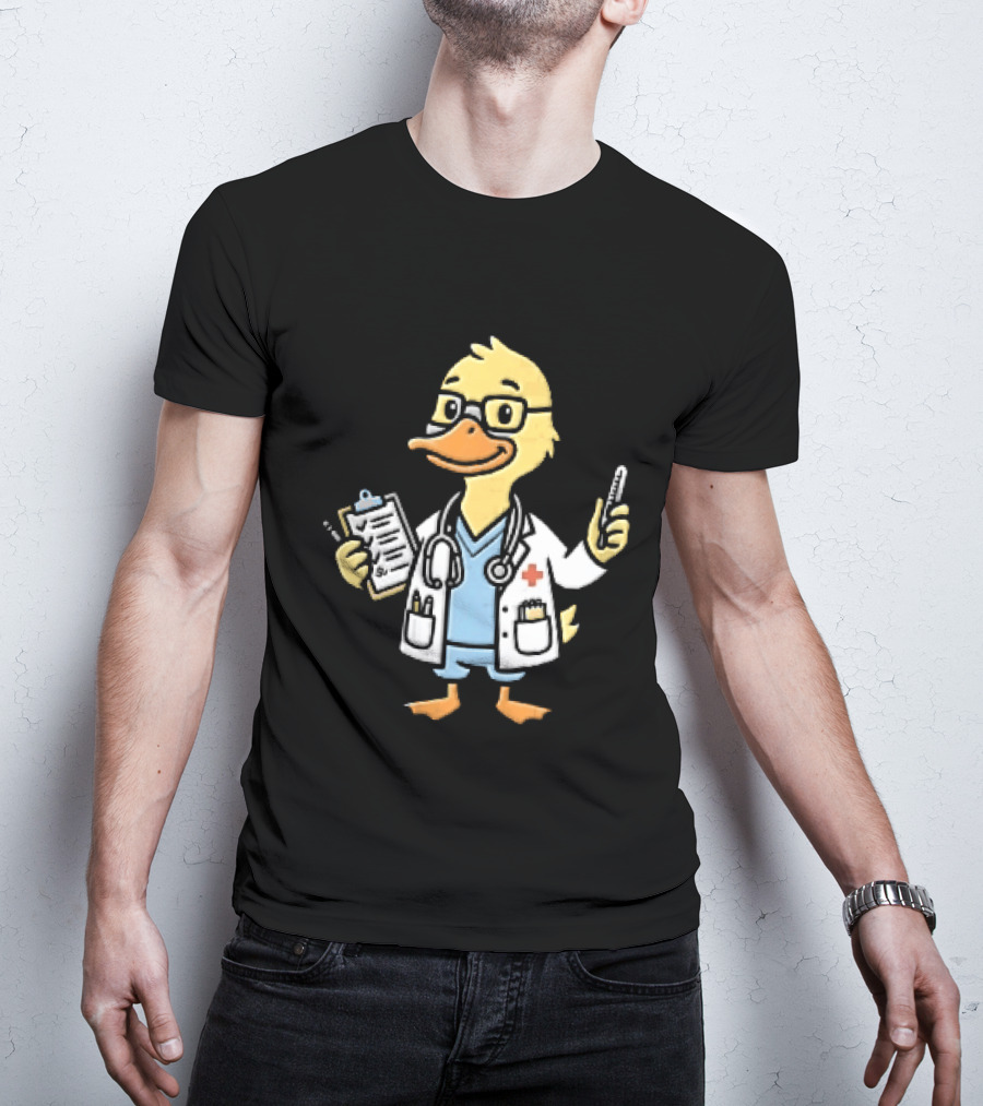 Cartoon Yellow Duck Doctor With Stethoscope Thermometer And Clipboard T-Shirt