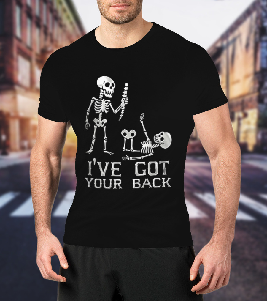 I've Got Your Back Skeleton Humor Holding Spine Over Fallen Body T-Shirt