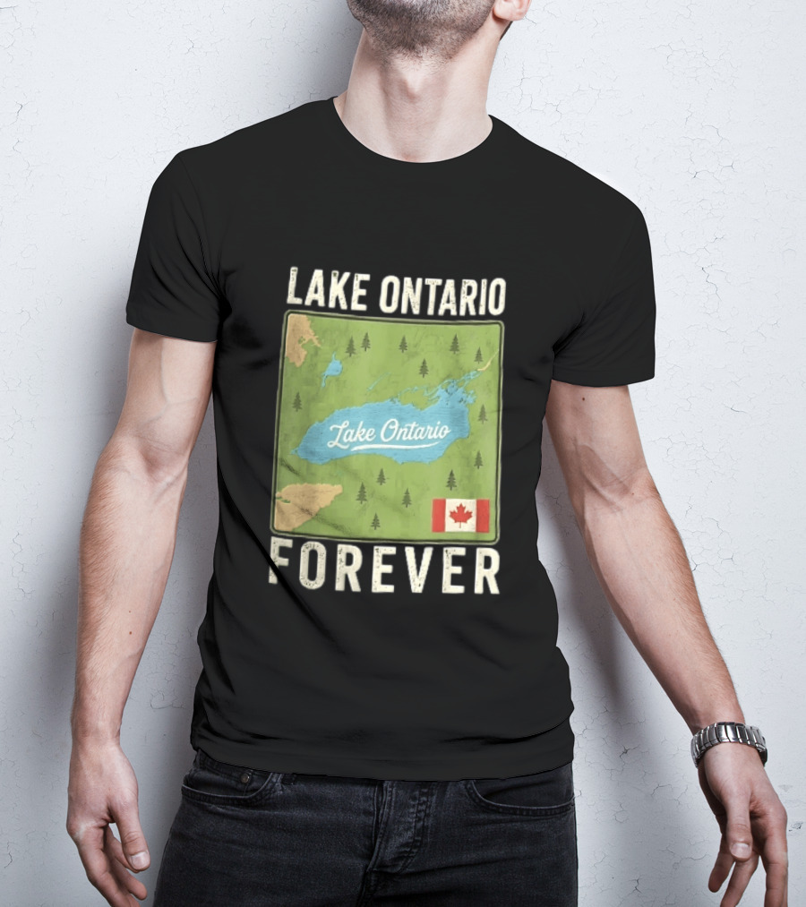 Lake Ontario Forever Distressed Map With Canadian Flag And Pine Trees T-Shirt