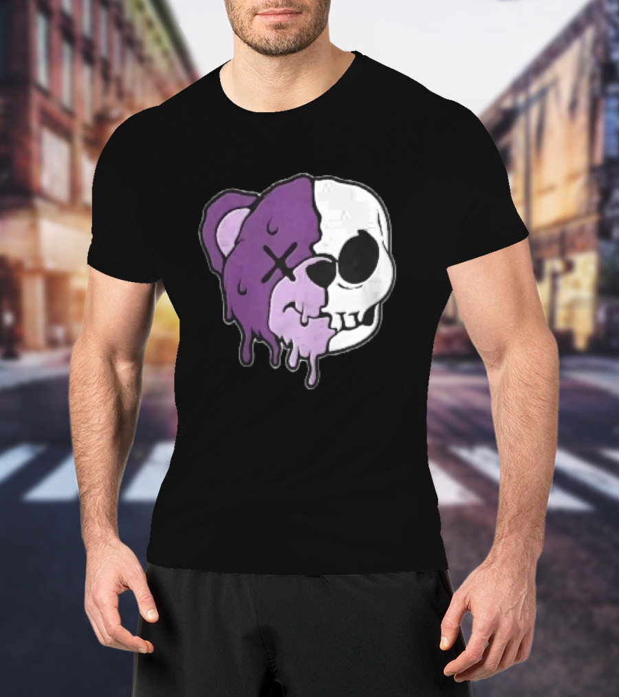 Dripping Purple Teddy Bear Skull Split Face Cartoon T-Shirt