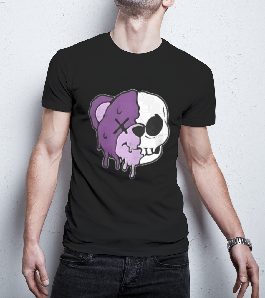 Dripping Purple Teddy Bear Skull Split Face Cartoon T-Shirt