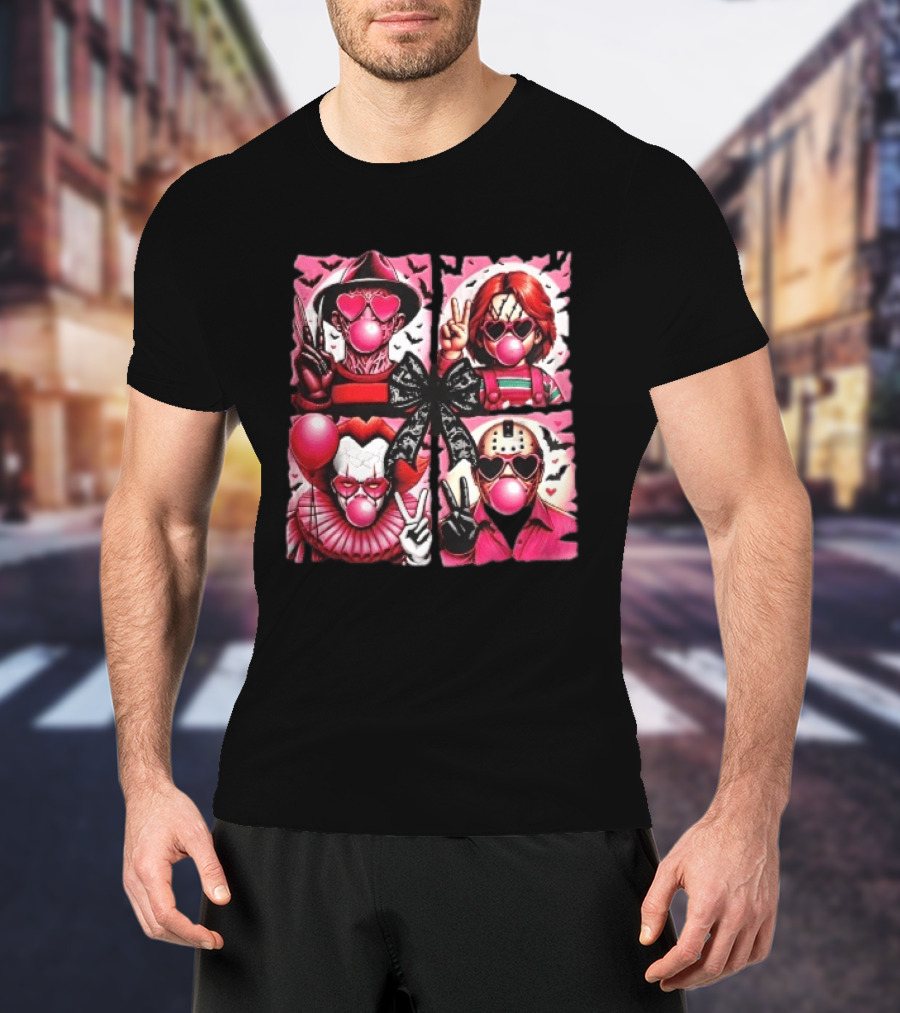 Heart Sunglasses Bubblegum Horror Villains With Peace Signs And Lace Bow T-Shirt