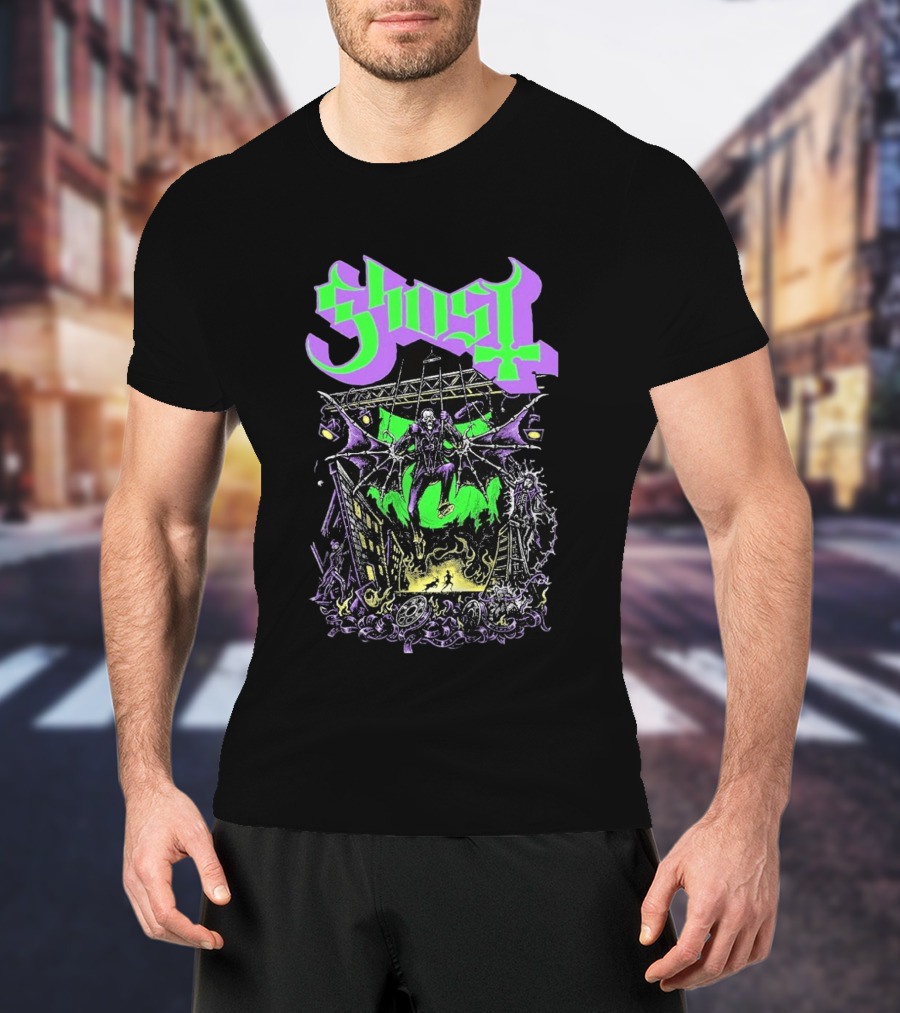 Ghost 2 Big To Rig Cursed Production Artwork With Bat Wings And Fire Scene T-Shirt